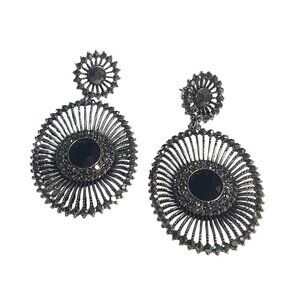 Black Rhinestone Stud Dangle Earrings Oval Sunburst Silver Tone Costume Jewelry